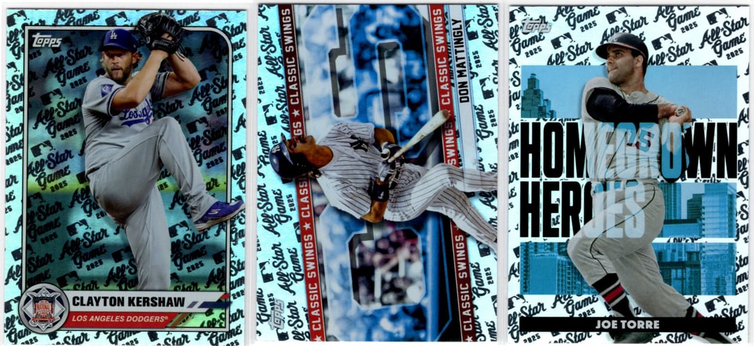 Lot of 3 2025 Topps All Star Game Holo Foil Cards. Kershaw, Mattingly, Torre: Topps Baseball MLB Trading & Sports Cards, Sports Cards for Sale Near Me, World Series & Hall of Fame Players Memorabilia, Refractors, X-Fractors, Numbered, SP, SSP, Valuable Auction Memorabilia Lots 