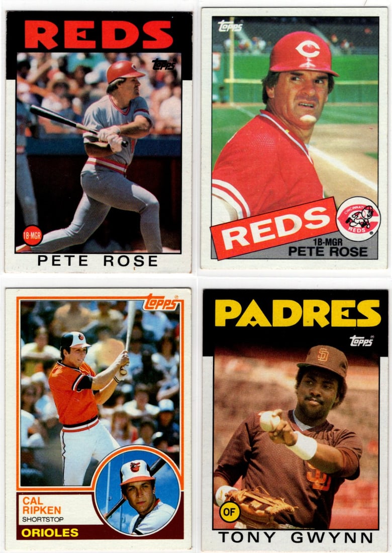 Lot of 4 Mid 1980s Topps Baseball Cards. 2 Pete Rose, Tony Gwynn, Cal Ripken (1 of 2)