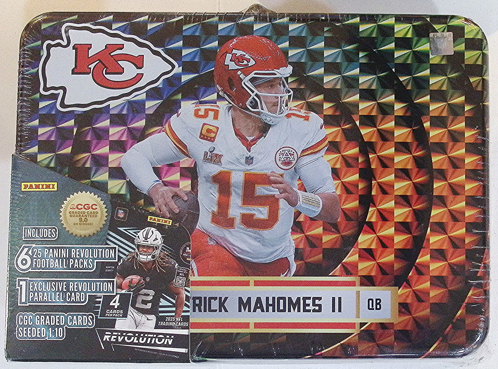 2025 Panini Revolution Lunch Box Tin: 1 CGC Graded Card & 6 Packs: Panini Select, Prizm, Mosaic, Contenders, Zenith, Phoenix, Illusions, Absolute, Rookie NFL Sports Trading Cards, SP, SSP, Cards, Football Cards for Sale Near Me, Superbowl & Hall of Fame Player Cards,