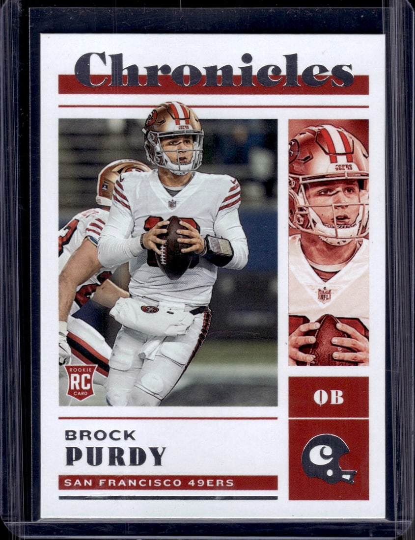 Brock Purdy Rookie Card 2022 Panini Chronicles #41 San Francisco 49ers: Panini Select, Prizm, Mosaic, Contenders, Zenith, Phoenix, Illusions, Absolute, Rookie NFL Sports Trading Cards, SP, SSP, Cards, Football Cards for Sale Near Me, Superbowl & Hall of Fame Player Cards,