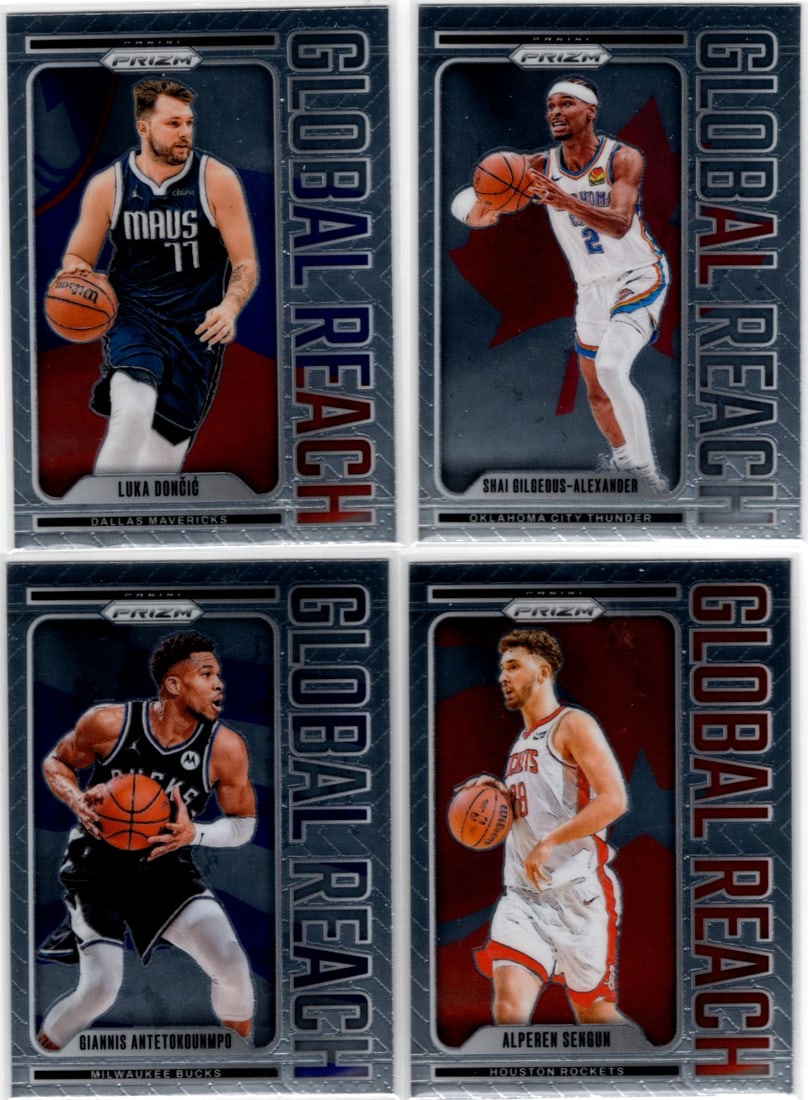 Lot of 4 2024-25 Panini Prizm Global Reach Inserts. Doncic, SGA, Antetokounmpo, Sengun: Panini Select, Prizm, Mosaic, Contenders, Revolution, Phoenix, NBA Hoops, Rookie NFL Sports Trading Cards, Silver, SP, SSP, Wave Prizms, Numbered Cards, Basketball sports Cards for Sale Near Me, NBA C