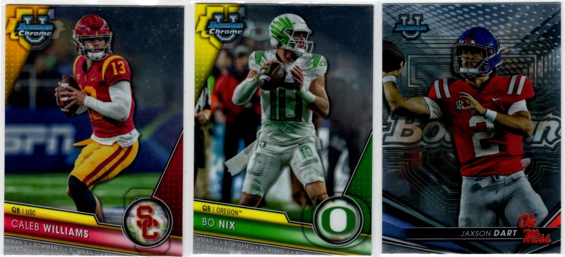 Lot of 3 Bowman U Chrome QB Cards. Caleb Williams, Bo Nix, Jaxson Dart: Bowman U Chrome Football NFL Trading & Sports Cards, Sports Cards for Sale Near Me, Prospect, 1st Bowman, Super Bowl & Hall of Fame Players, Auction Memorabilia Lots For Sale Near Me