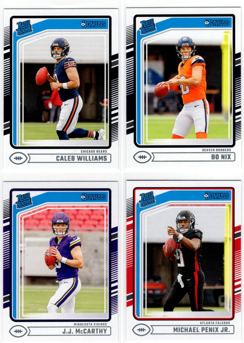 Lot of 4 2024 Donruss NFL QB Rookie Cards. Bo Nix, Caleb Williams, McCarthy, Penix Jr.: Panini Select, Prizm, Mosaic, Contenders, Zenith, Phoenix, Illusions, Absolute, Rookie NFL Sports Trading Cards, SP, SSP, Cards, Football Cards for Sale Near Me, Superbowl & Hall of Fame Player Cards,