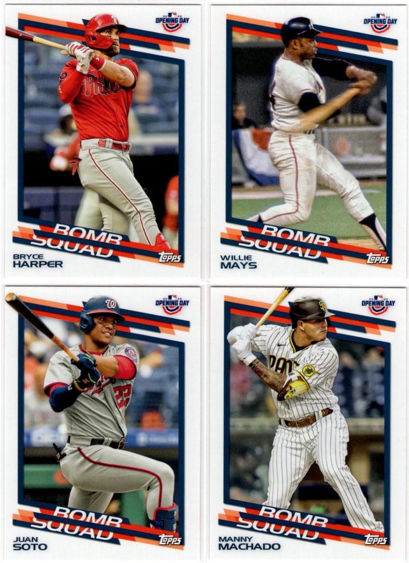 Lot of 4 2022 Topps Opening Day Bomb Squad Inserts. Harper, Mays, Soto, Machado: Topps Baseball MLB Trading & Sports Cards, Sports Cards for Sale Near Me, World Series & Hall of Fame Players Memorabilia, Refractors, X-Fractors, Numbered, SP, SSP, Valuable Auction Memorabilia Lots