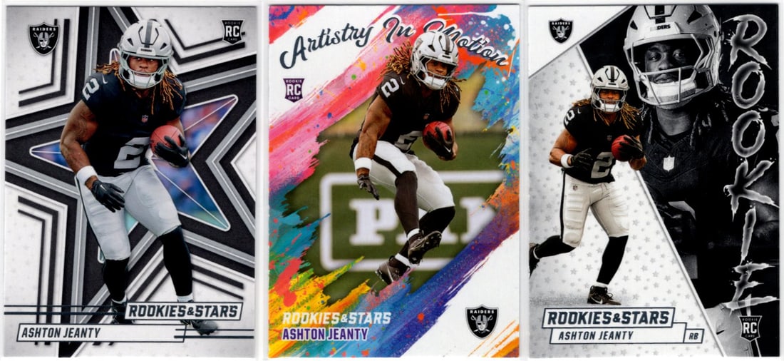 Lot of 3 Ashton Jeanty Rookie Cards 2025 Rookies & Stars. All Different, See Pics. Raiders: Panini Select, Prizm, Mosaic, Contenders, Zenith, Phoenix, Illusions, Absolute, Rookie NFL Sports Trading Cards, SP, SSP, Cards, Football Cards for Sale Near Me, Superbowl & Hall of Fame Player Cards,