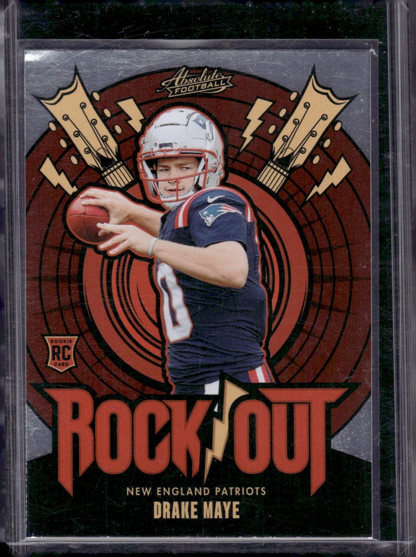 Drake Maye Rookie Card Rock Out 2024 Absolute #RO-DME New England Patriots: Panini Select, Prizm, Mosaic, Contenders, Zenith, Phoenix, Illusions, Absolute, Rookie NFL Sports Trading Cards, SP, SSP, Cards, Football Cards for Sale Near Me, Superbowl & Hall of Fame Player Cards,