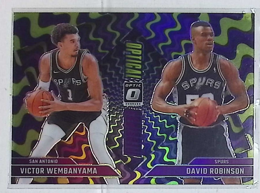 Victor Wembanyama & David Robinson Holo Prizm Optical Illusions 2024 Donruss Optic #5: Panini Select, Prizm, Mosaic, Contenders, Revolution, Phoenix, NBA Hoops, Rookie NFL Sports Trading Cards, Silver, SP, SSP, Wave Prizms, Numbered Cards, Basketball sports Cards for Sale Near Me, NBA C
