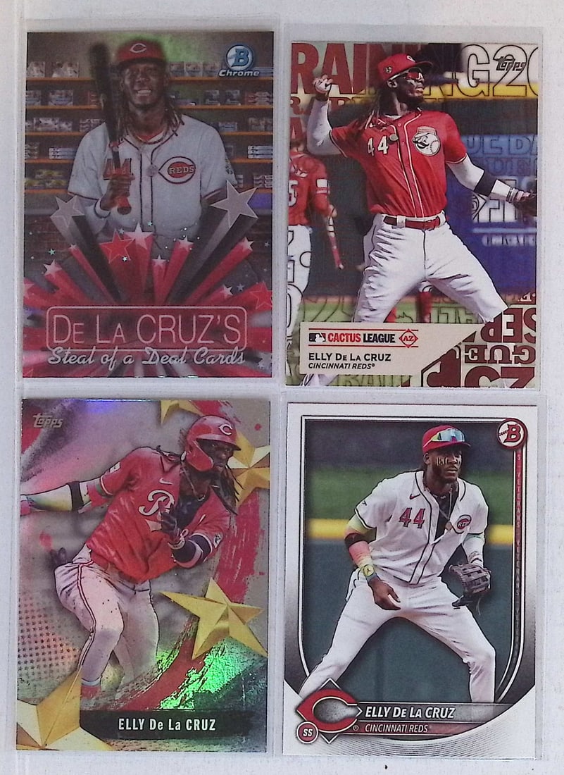 4 - Elly De La Cruz 2025 Cards; 2 Topps & 2 Bowman Including 1 Chrome Insert Cincinnatti Reds: Topps Baseball MLB Trading & Sports Cards, Sports Cards for Sale Near Me, World Series & Hall of Fame Players Memorabilia, Refractors, X-Fractors, Numbered, SP, SSP, Valuable Auction Memorabilia Lots