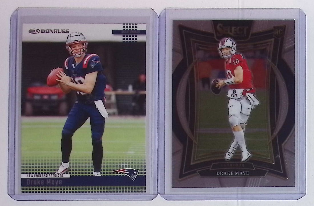 Drake Maye Rookie Cards: 1 Panini Select #27 & 1 Donruss Retro Card #21 New England Patriots: Panini Select, Prizm, Mosaic, Contenders, Zenith, Phoenix, Illusions, Absolute, Rookie NFL Sports Trading Cards, SP, SSP, Cards, Football Cards for Sale Near Me, Superbowl & Hall of Fame Player Cards,