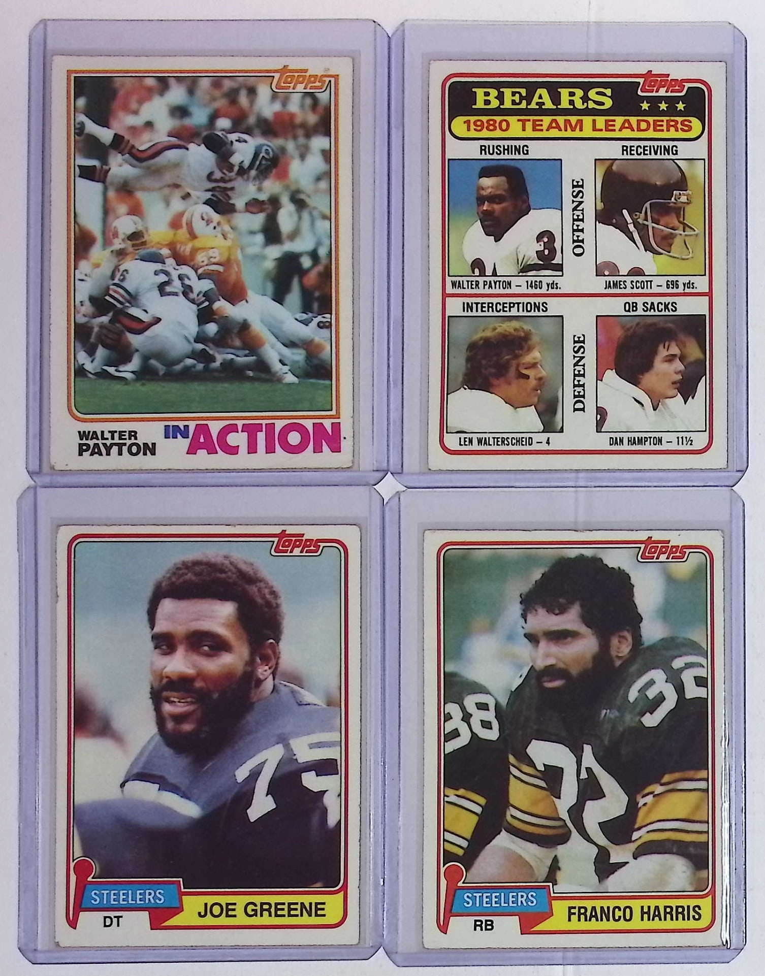 Vintage Topps NFL Trading Cards: Walter Payton In Action, & Leaders, Joe Greene (Crease), & Franco (1 of 2)