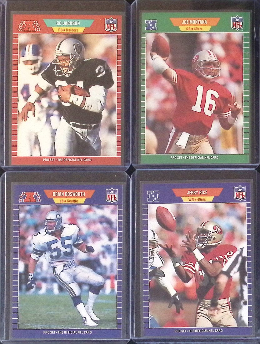 4 Vintage 1989 Proset Cards: Bo Jackson, Joe Montana, Jerry Rice, & Brian Bosworth (1 of 2)