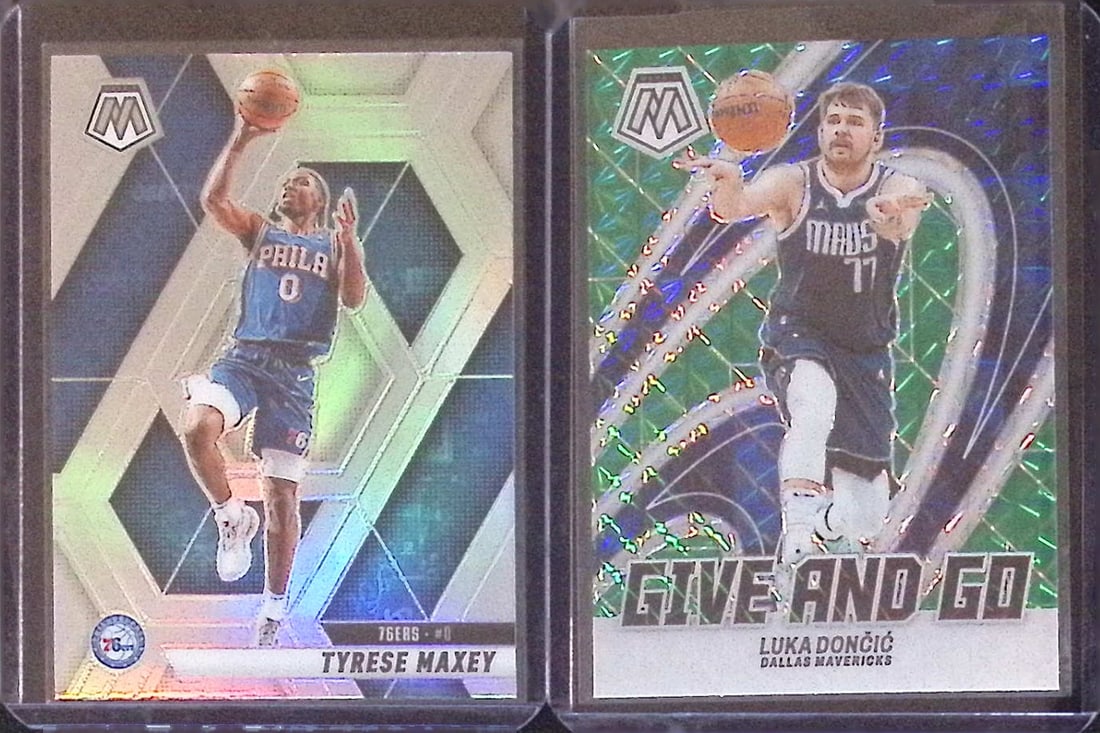 Luka Doncic Green Mosaic Prizm 2023 & Tyrese Maxey Silver Prizm 2024 Panini Prizm: Panini Select, Prizm, Mosaic, Contenders, Revolution, Phoenix, NBA Hoops, Rookie NFL Sports Trading Cards, Silver, SP, SSP, Wave Prizms, Numbered Cards, Basketball sports Cards for Sale Near Me, NBA