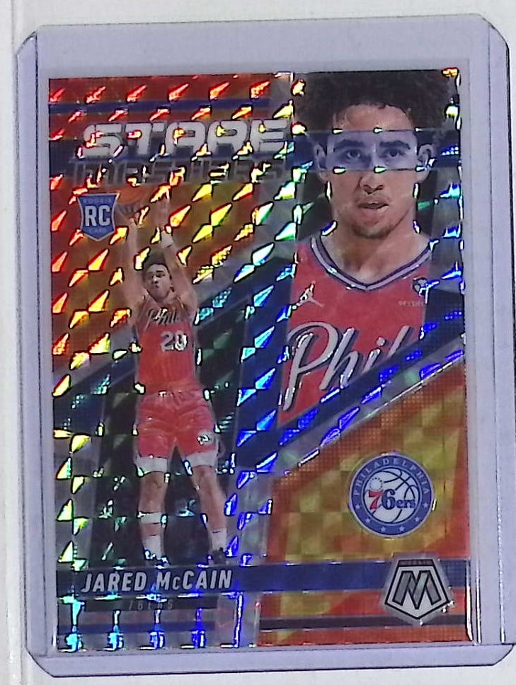 Jared McCain Rookie Card Silver Mosaic Prizm Stare Masters 2024 Panini Mosaic #9: Panini Select, Prizm, Mosaic, Contenders, Revolution, Phoenix, NBA Hoops, Rookie NFL Sports Trading Cards, Silver, SP, SSP, Wave Prizms, Numbered Cards, Basketball sports Cards for Sale Near Me, NBA C