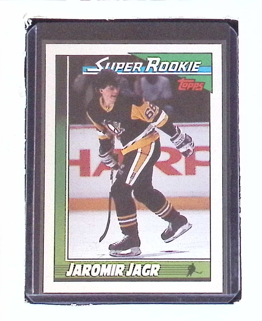 Jaromir Jagr Super Rookie Card 1991 Topps #9 Pittsburgh Penguins: Topps Vintage NHL Hockey Trading & Sports Cards, Old Sports Cards for Sale Near Me, Stanley Cup & Hall of Fame Players, Valuable Auction Memorabilia Lots for Sale On Line