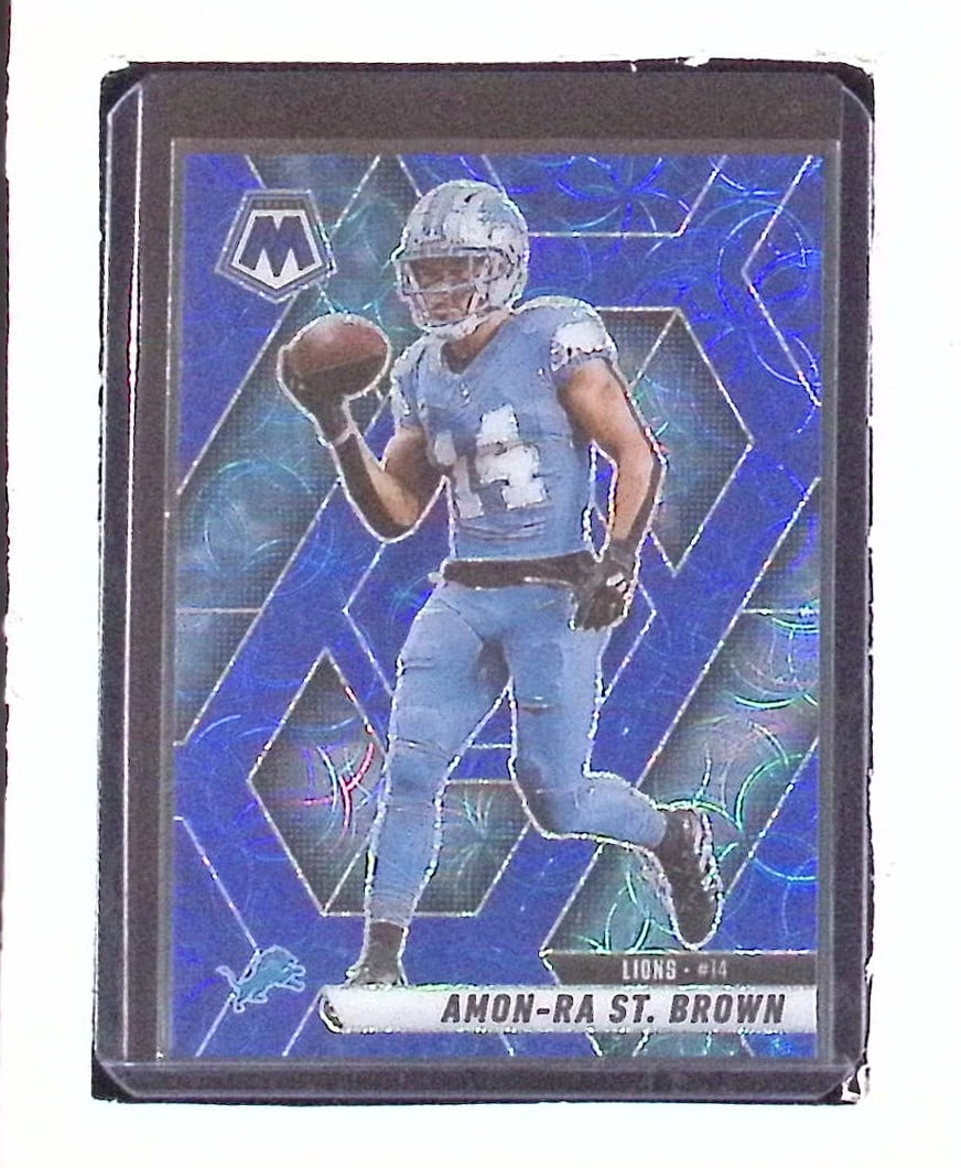 Amon Ra St. Brown Blue Scope Prizm 2025 Panini Mosaic #2 Detroit Lions: Panini Select, Prizm, Mosaic, Contenders, Revolution, Phoenix, NBA Hoops, Rookie NFL Sports Trading Cards, Silver, SP, SSP, Wave Prizms, Numbered Cards, Basketball sports Cards for Sale Near Me, NBA