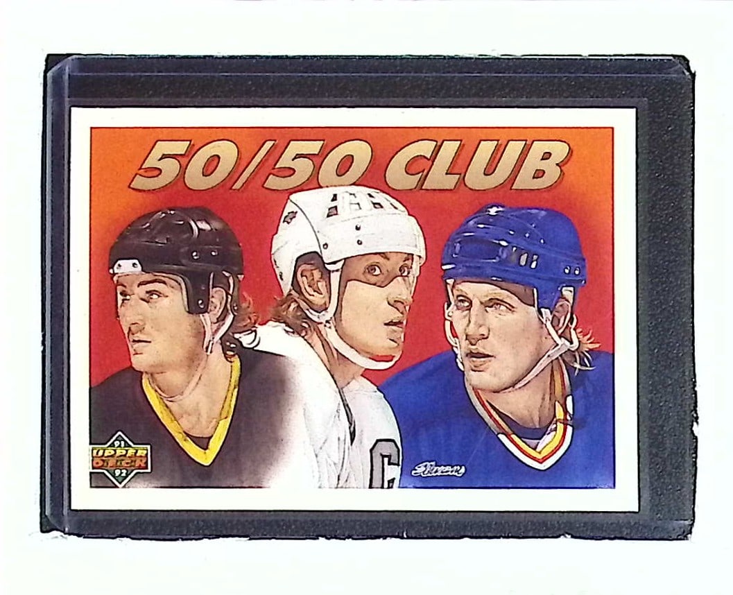 Wayne Gretzky, Mario Lemieux, Brett Hull 50/50 Club 1991 Upper Deck #45: Upper Deck Vintage NHL Hockey Trading & Sports Cards, Old Sports Cards for Sale Near Me, Stanley Cup & Hall of Fame Players, Valuable Auction Memorabilia Lots for Sale On Line