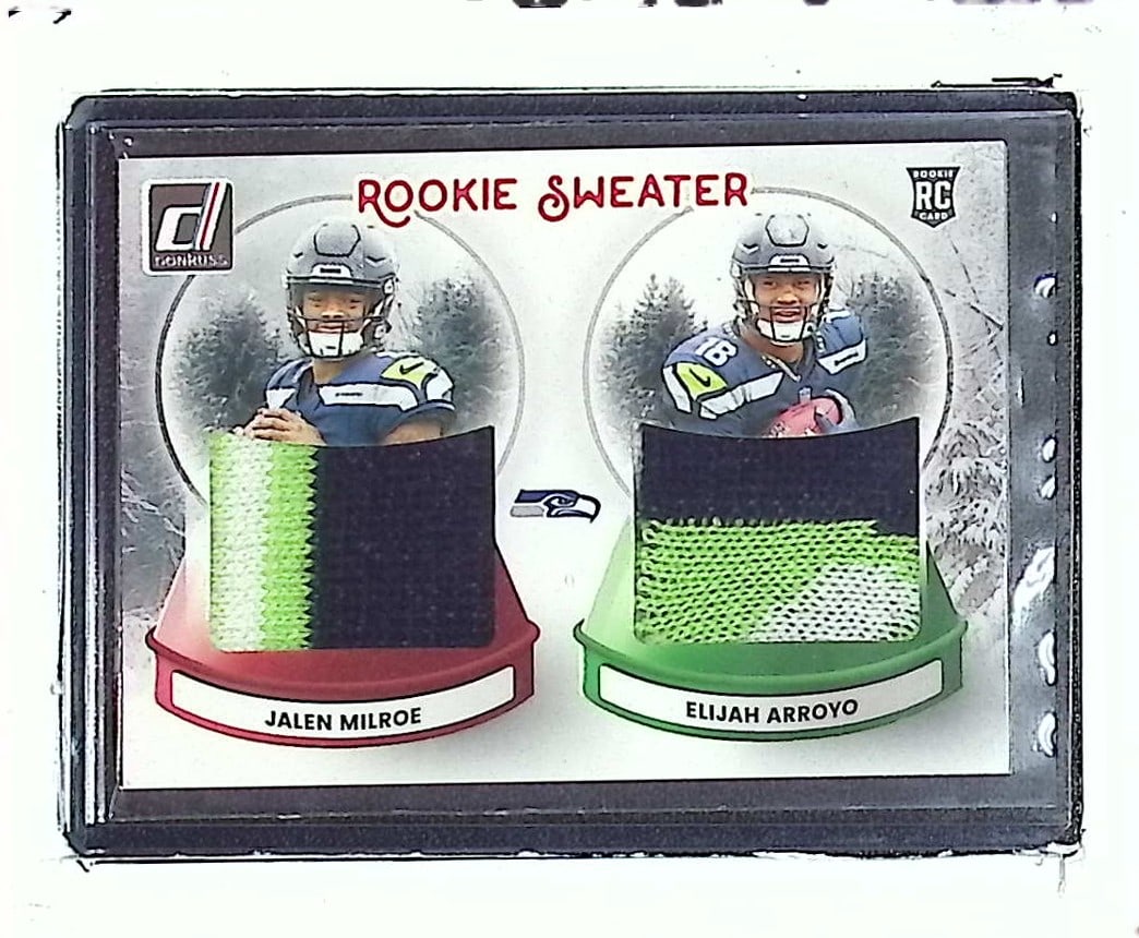 Jalen Milroe & elijah Arroyo Rookie Dual Sweater Patch/Relic Card 2025 Donruss #SWED-SEA: Donruss Football NLF Trading & Sports Cards, Sports Cards for Sale Near Me, Valuable Memorabilia Auction Lots Sold On Line, SP, SSP