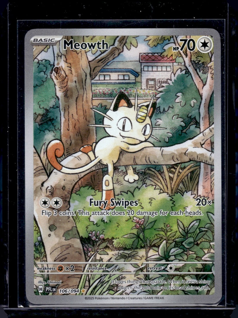 2025 Pokemon Phantasmal Flames Meowth Illustration Rare #106: Pokemon Trading Card Game Cards, Charizard, Pikachu, Mewtwo, Reverse Holo, Holo Rare, Secret Rare Cards, Full Art Cards, Eevee, Ultra Rare Card, Illustration Rare, Special Illustration Rare SIR