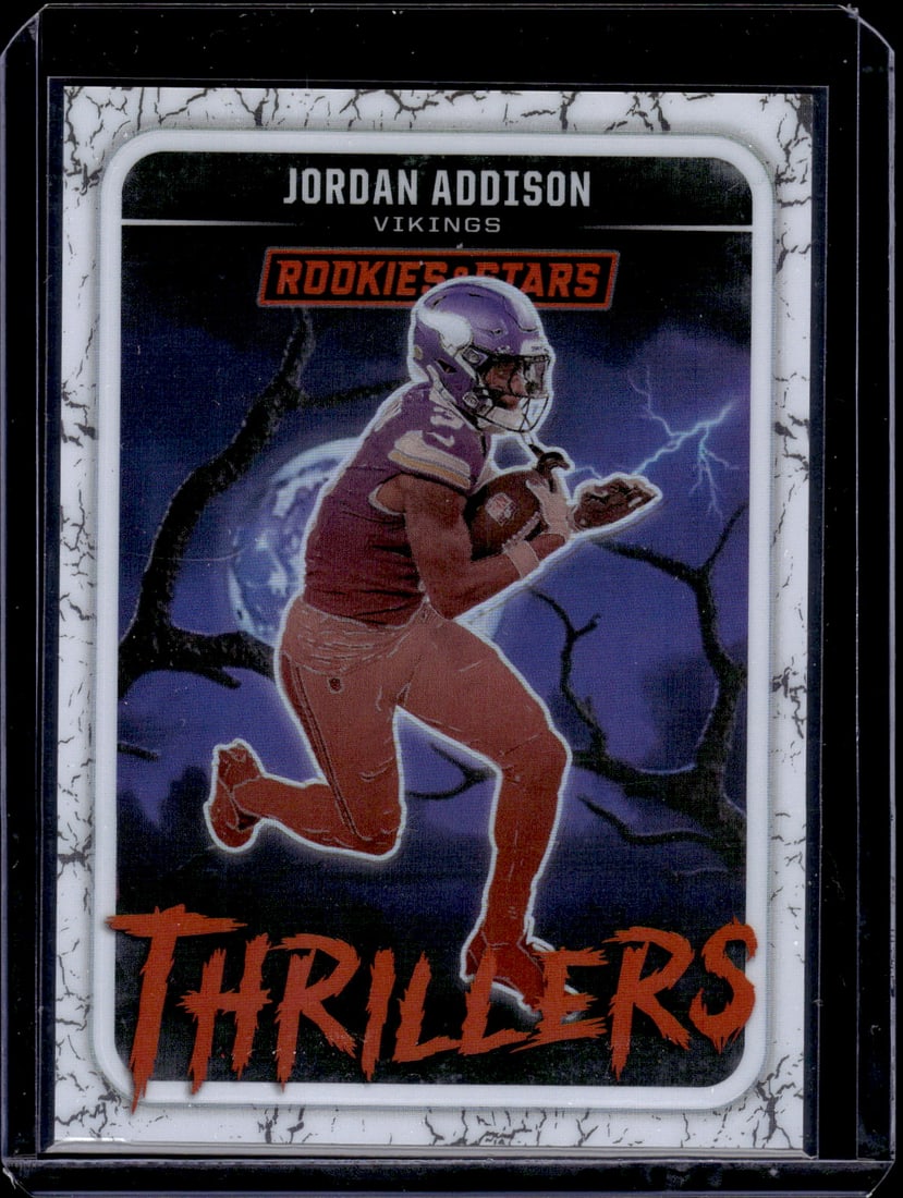 Jordan Addison Thrillers White Prizm /149 2025 Rookies & Stars #18 Minnesota Vikings: Panini Select, Prizm, Mosaic, Contenders, Zenith, Phoenix, Illusions, Absolute, Rookie NFL Sports Trading Cards, SP, SSP, Cards, Football Cards for Sale Near Me, Superbowl & Hall of Fame Player Cards,