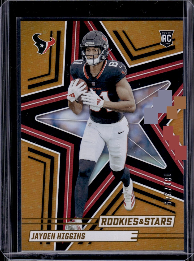 Jayden Higgins Rookie Card Orange /249 2025 Rookies & Stars #138 Houston Texans: Panini Select, Prizm, Mosaic, Contenders, Zenith, Phoenix, Illusions, Absolute, Rookie NFL Sports Trading Cards, SP, SSP, Cards, Football Cards for Sale Near Me, Superbowl & Hall of Fame Player Cards,