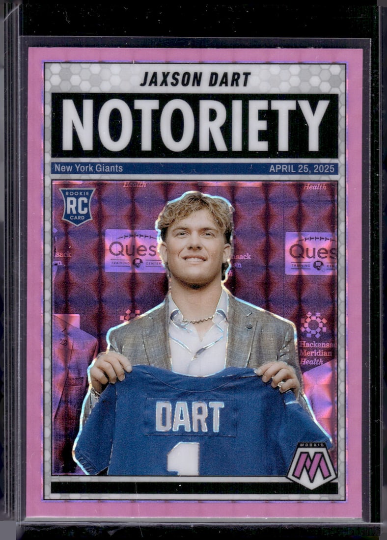 Jaxson Dart Rookie Card Notoriety Pink Fluorescent Prizm 2025 Mosaic #11: Panini Select, Prizm, Mosaic, Contenders, Zenith, Phoenix, Illusions, Absolute, Rookie NFL Sports Trading Cards, SP, SSP, Cards, Football Cards for Sale Near Me, Superbowl & Hall of Fame Player Cards,