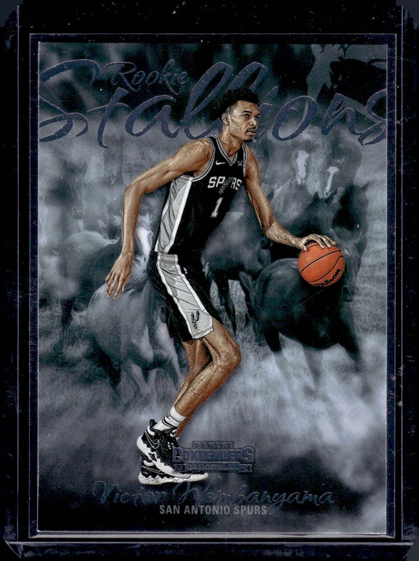 Victor Wembanyama Rookie Stallions 2023-24 Panini Contenders #21 San Antonio Spurs: Panini Select, Prizm, Mosaic, Contenders, Revolution, Phoenix, NBA Hoops, Rookie NFL Sports Trading Cards, Silver, SP, SSP, Wave Prizms, Numbered Cards, Basketball sports Cards for Sale Near Me, NBA C