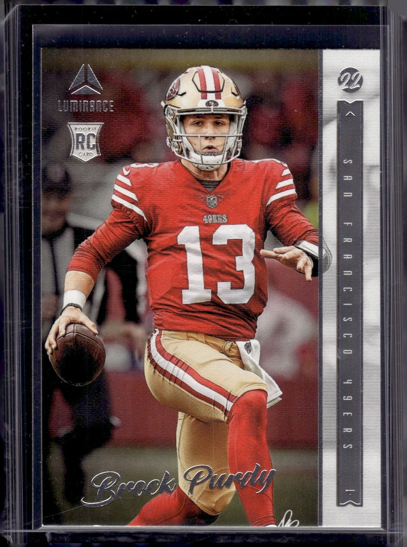 Brock Purdy Rookie Card 2022 Chronicles Luminance #213 San Francisco 49ers: Panini Select, Prizm, Mosaic, Contenders, Zenith, Phoenix, Illusions, Absolute, Rookie NFL Sports Trading Cards, SP, SSP, Cards, Football Cards for Sale Near Me, Superbowl & Hall of Fame Player Cards,