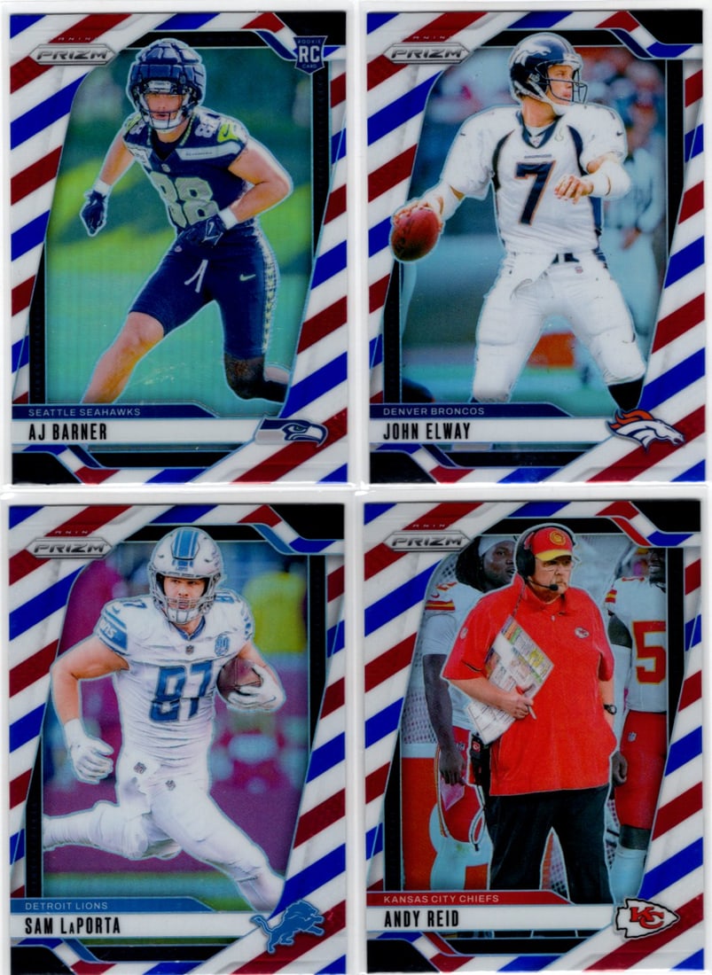 Lot of 4 2024 Prizm NFL Red White Blue Prizms. Barner RC, Elway, Sam LaPorta, Andy Reid: Panini Select, Prizm, Mosaic, Contenders, Zenith, Phoenix, Illusions, Absolute, Rookie NFL Sports Trading Cards, SP, SSP, Cards, Football Cards for Sale Near Me, Superbowl & Hall of Fame Player Cards,