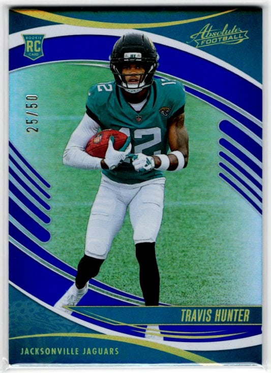 Travis Hunter Rookie Card Spectrum Blue /50 2025 Absolute #186 Jacksonville Jaguars: Panini Select, Prizm, Mosaic, Contenders, Zenith, Phoenix, Illusions, Absolute, Rookie NFL Sports Trading Cards, SP, SSP, Cards, Football Cards for Sale Near Me, Superbowl & Hall of Fame Player Cards,