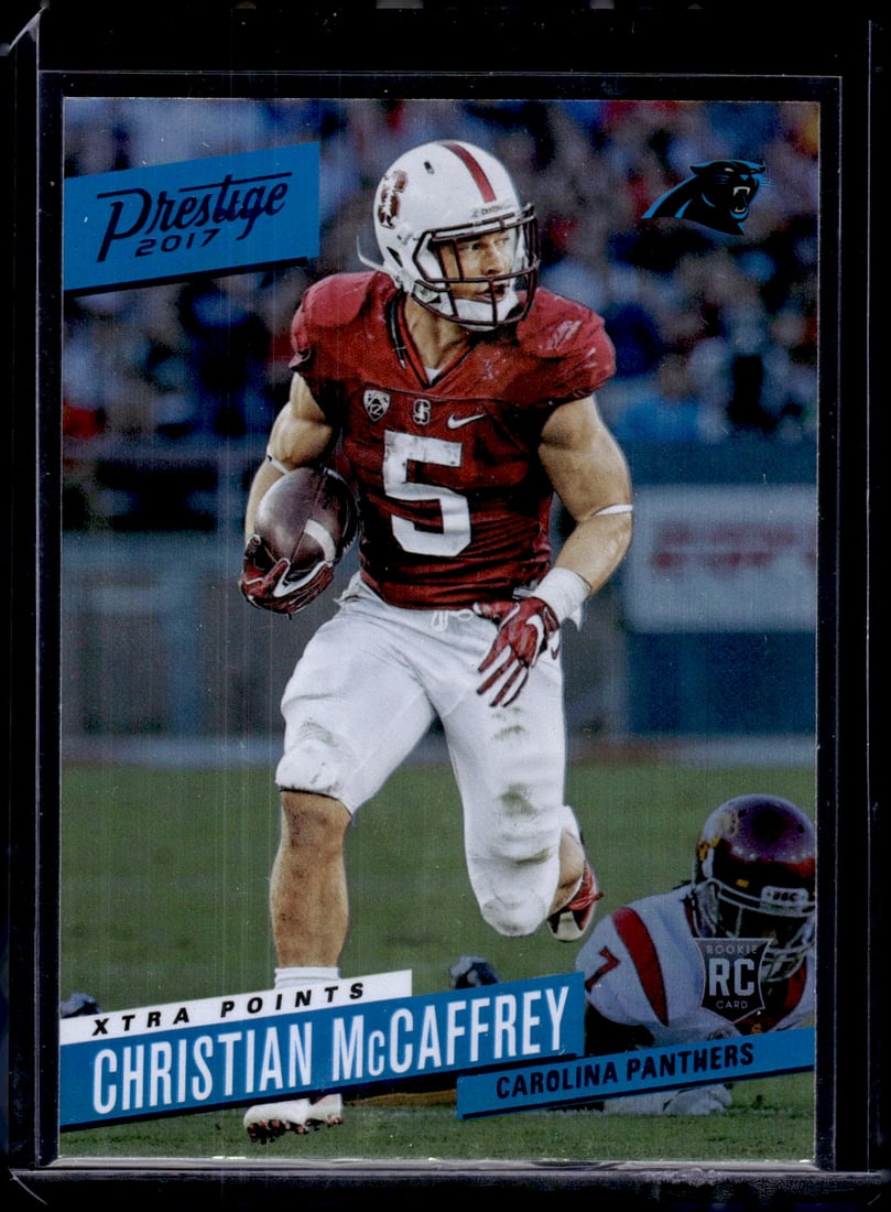 Christian McCaffrey Rookie Card Xtra Points Blue 2017 Panini Prestige #215: Panini Select, Prizm, Mosaic, Contenders, Zenith, Phoenix, Illusions, Absolute, Rookie NFL Sports Trading Cards, SP, SSP, Cards, Football Cards for Sale Near Me, Superbowl & Hall of Fame Player Cards,