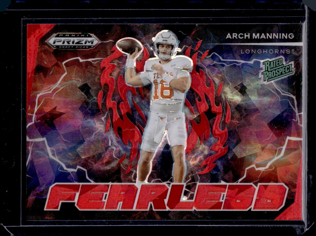 Arch Manning Rated Prospect Fearless Red Ice 2025 Prizm Draft Picks #F-AMG Texas: Panini Select, Prizm, Mosaic, Contenders, Zenith, Phoenix, Illusions, Absolute, Rookie NFL Sports Trading Cards, SP, SSP, Cards, Football Cards for Sale Near Me, Superbowl & Hall of Fame Player Cards,