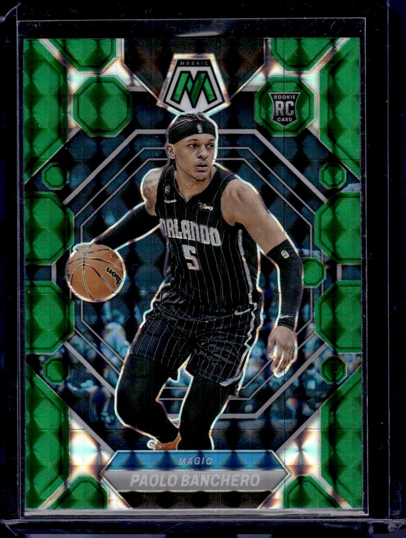 Paolo Banchero Rookie Card Green Mosaic Prizm 2022-23 Mosaic #231 Orlando Magic: Panini Select, Prizm, Mosaic, Contenders, Revolution, Phoenix, NBA Hoops, Rookie NFL Sports Trading Cards, Silver, SP, SSP, Wave Prizms, Numbered Cards, Basketball sports Cards for Sale Near Me, NBA C