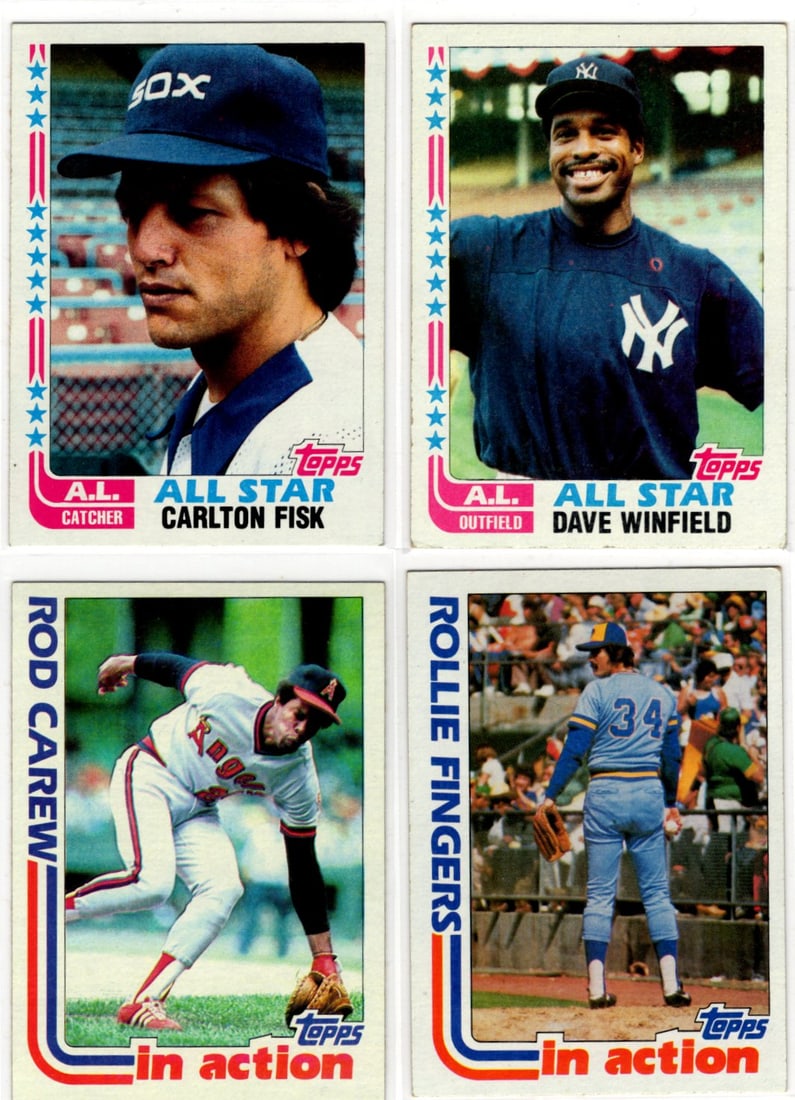 Lot of 4 1982 Topps Baseball Cards. Carlton Fisk, Dave Winfield, Rod Carew, Rollie Fingers (1 of 2)
