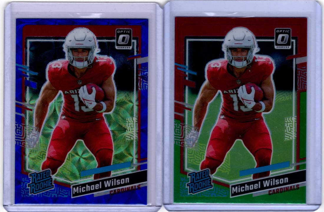 Lot of 2 Michael Wilson Rookie Card Prizms Donruss Optic #303. Blue Scope & Red/Green: Donruss Optic Football NLF Trading & Sports Cards, Sports Cards for Sale Near Me, Valuable Memorabilia Auction Lots Sold On Line, SP, SSP