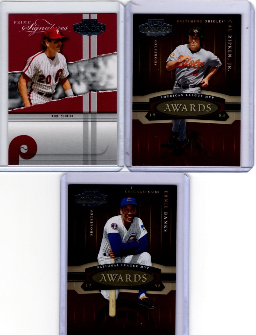 Lot of 3 2004 Playoff Honors Numbered Baseball Cards. Schmidt, Ripken Jr., Banks (1 of 2)