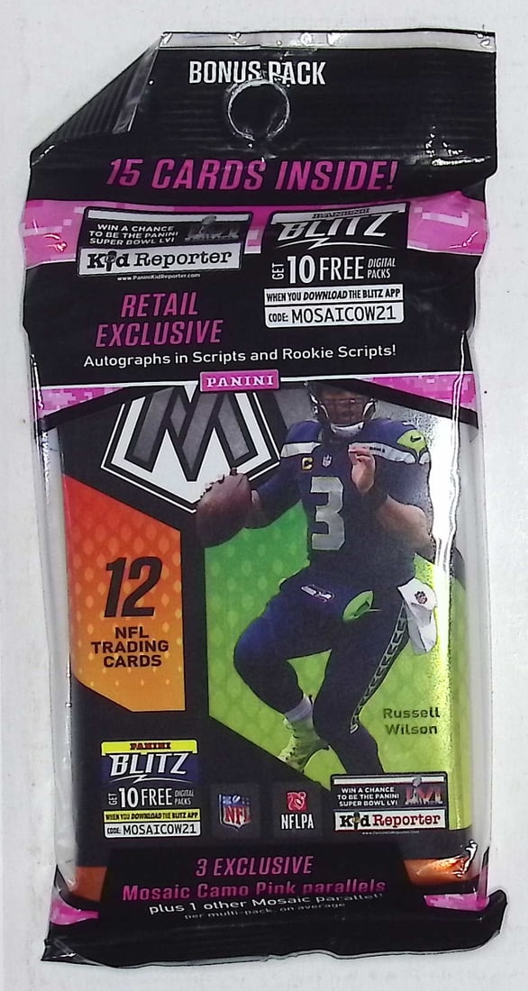 2021 Panini Mosaic CELLO FAT PACK (A 15 Card Pack + Bonus 3 Card Pink Mosaic Prizm Pack): Panini Rookie Football NFL Trading & Sports Cards, Football & Sports Cards for Sale Near Me, Silver, Wave, Autographs, SP, SSP, Numbered, Super Bowl & Hall of Fame Players, Valuable Auction Memorabili