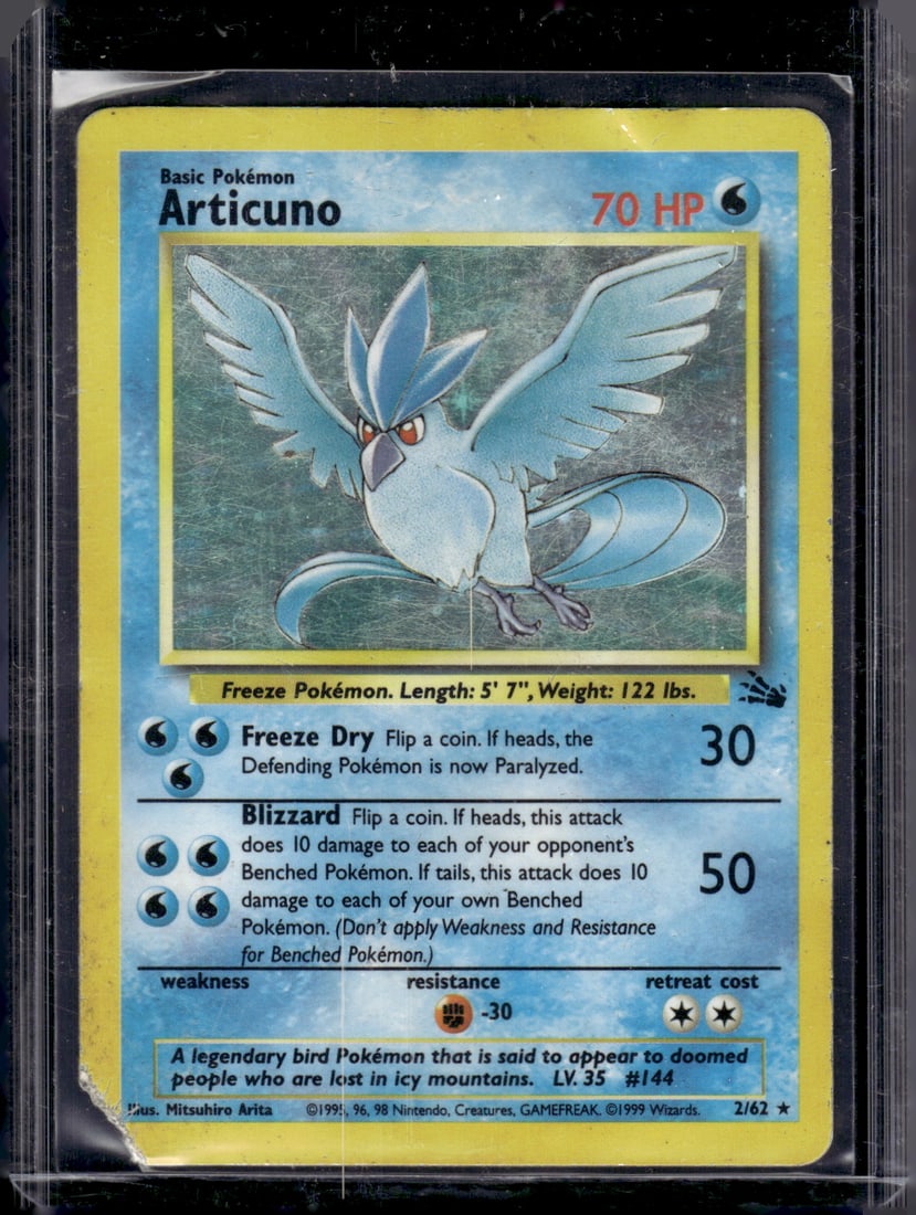 Pokemon Fossil Articuno Holo #2/62 Damaged, See Pictures, Missing Corner, Warped: Pokemon Trading Card Game Cards, Charizard, Pikachu, Mewtwo, Reverse Holo, Holo Rare, Secret Rare Cards, Full Art Cards, Eevee, Ultra Rare Card, Illustration Rare, Special Illustration Rare SIR