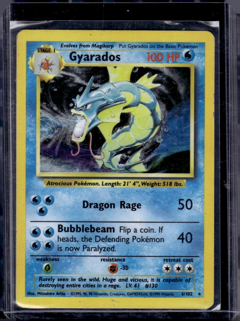 Pokemon Base Set Gyarados Holo #6/102 Poor Condition, Surface Scratches, Warped: Pokemon Trading Card Game Cards, Charizard, Pikachu, Mewtwo, Reverse Holo, Holo Rare, Secret Rare Cards, Full Art Cards, Eevee, Ultra Rare Card, Illustration Rare, Special Illustration Rare SIR