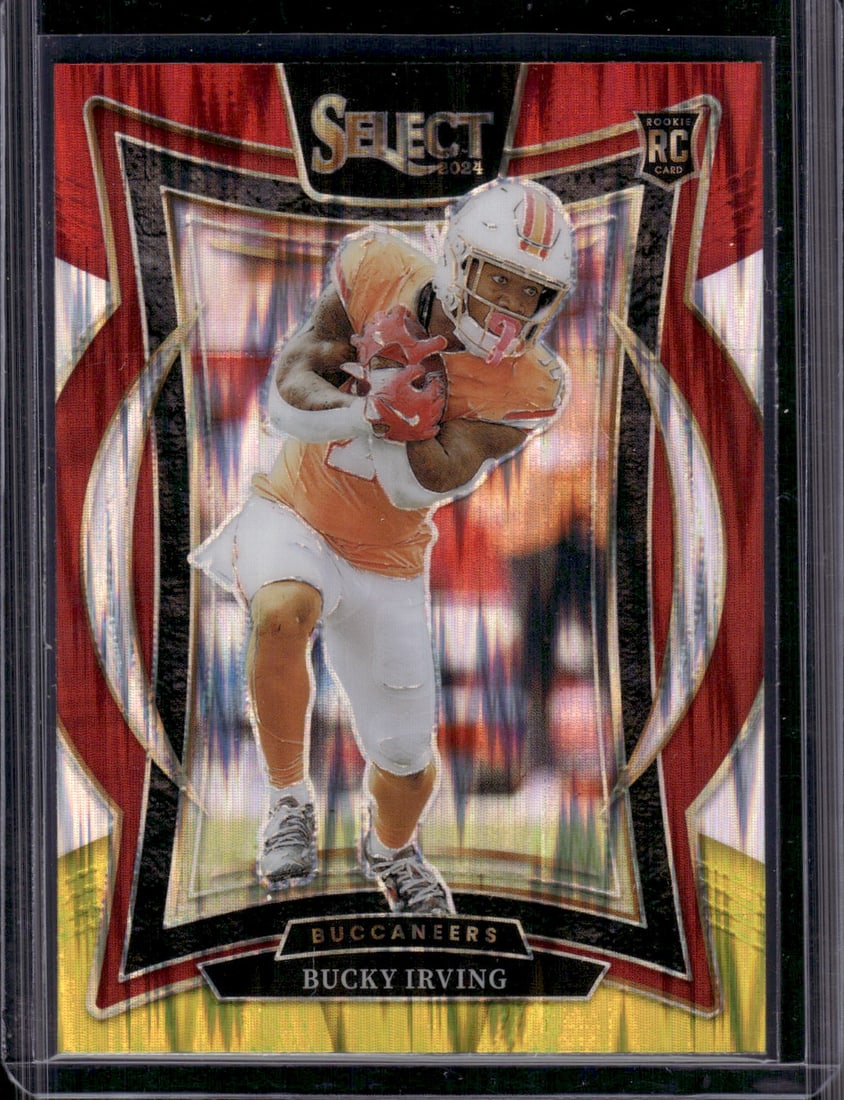 Bucky Irving Rookie Card Red/Yellow Shock 2024 Select #4 Tampa Bay Buccaneers: Panini Select, Prizm, Mosaic, Contenders, Zenith, Phoenix, Illusions, Absolute, Rookie NFL Sports Trading Cards, SP, SSP, Cards, Football Cards for Sale Near Me, Superbowl & Hall of Fame Player Cards,
