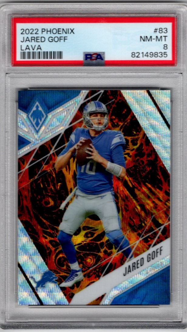 Jared Goff Lava /175 2022 Panini Phoenix #83 PSA 8 Detroit Lions: Panini Select, Prizm, Mosaic, Contenders, Zenith, Phoenix, Illusions, Absolute, Rookie NFL Sports Trading Cards, SP, SSP, Cards, Football Cards for Sale Near Me, Superbowl & Hall of Fame Player Cards,