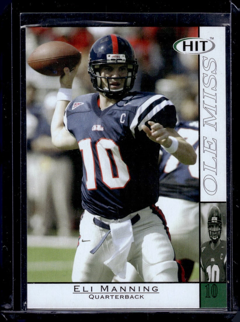 Eli Manning Rookie Card 2004 Sage Hit #10 Ole Miss Rebels, Giants: Panini Select, Prizm, Mosaic, Contenders, Zenith, Phoenix, Illusions, Absolute, Rookie NFL Sports Trading Cards, SP, SSP, Cards, Football Cards for Sale Near Me, Superbowl & Hall of Fame Player Cards,