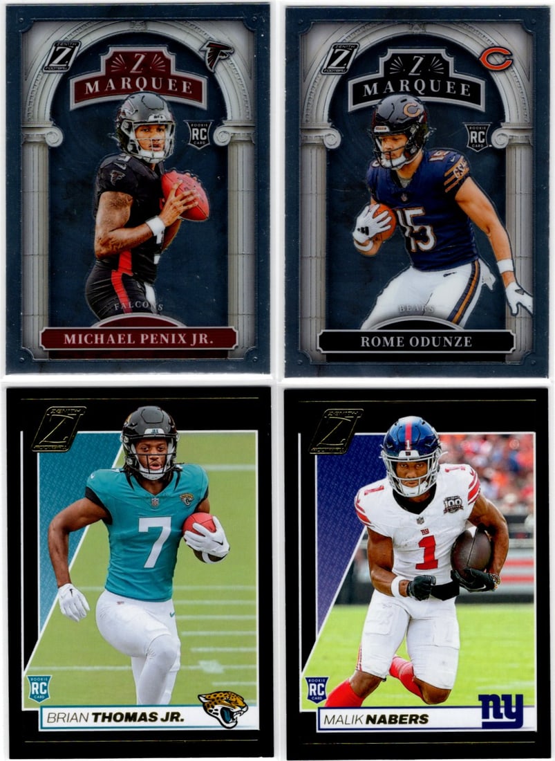 Lot of 4 2024 Panini Zenith NFL Rookie Cards. Penix Jr., Odunze, Thomas Jr., Nabers: Panini Select, Prizm, Mosaic, Contenders, Zenith, Phoenix, Illusions, Absolute, Rookie NFL Sports Trading Cards, SP, SSP, Cards, Football Cards for Sale Near Me, Superbowl & Hall of Fame Player Cards,