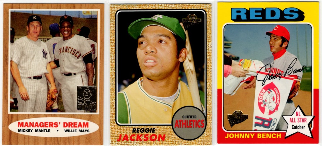 Lot of 3 Topps Commemorative Baseball Reprint Cards. Mantle/Mays, Jackson, Bench: Topps Baseball MLB Trading & Sports Cards, Sports Cards for Sale Near Me, World Series & Hall of Fame Players Memorabilia, Refractors, X-Fractors, Numbered, SP, SSP, Valuable Auction Memorabilia Lots