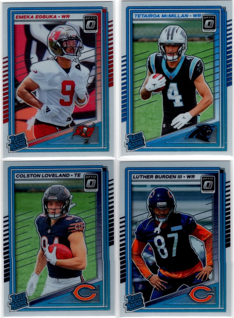 Lot of 4 2025 Donruss Optic NFL Rookie Cards. Egbuka, McMillan, Loveland, Burden (1 of 2)