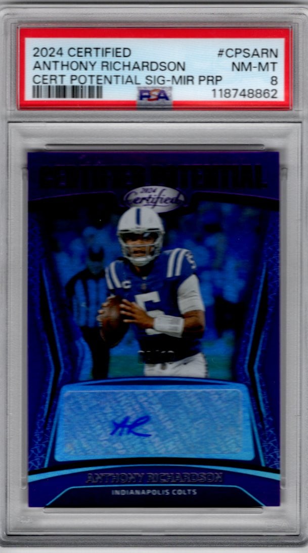 Anthony Richardson Purple Mirror Auto /10 2024 Panini Certified #CPS-ARN PSA 8 Colts: Panini Select, Prizm, Mosaic, Contenders, Zenith, Phoenix, Illusions, Absolute, Rookie NFL Sports Trading Cards, SP, SSP, Cards, Football Cards for Sale Near Me, Superbowl & Hall of Fame Player