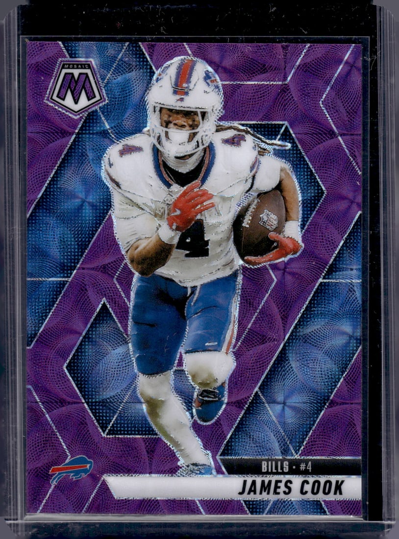 James Cook Purple Scope Prizm 2025 Mosaic #201 Buffalo Bills: Panini Select, Prizm, Mosaic, Contenders, Zenith, Phoenix, Illusions, Absolute, Rookie NFL Sports Trading Cards, SP, SSP, Cards, Football Cards for Sale Near Me, Superbowl & Hall of Fame Player Cards,
