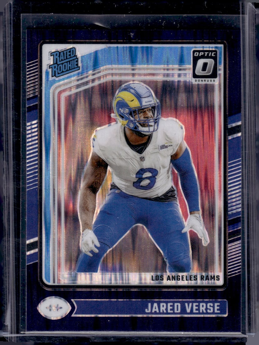 Jared Verse Rookie Card Purple Shock Prizm 2024 Donruss Optic #242 Los Angeles Rams: Panini Select, Prizm, Mosaic, Contenders, Zenith, Phoenix, Illusions, Absolute, Rookie NFL Sports Trading Cards, SP, SSP, Cards, Football Cards for Sale Near Me, Superbowl & Hall of Fame Player Cards,