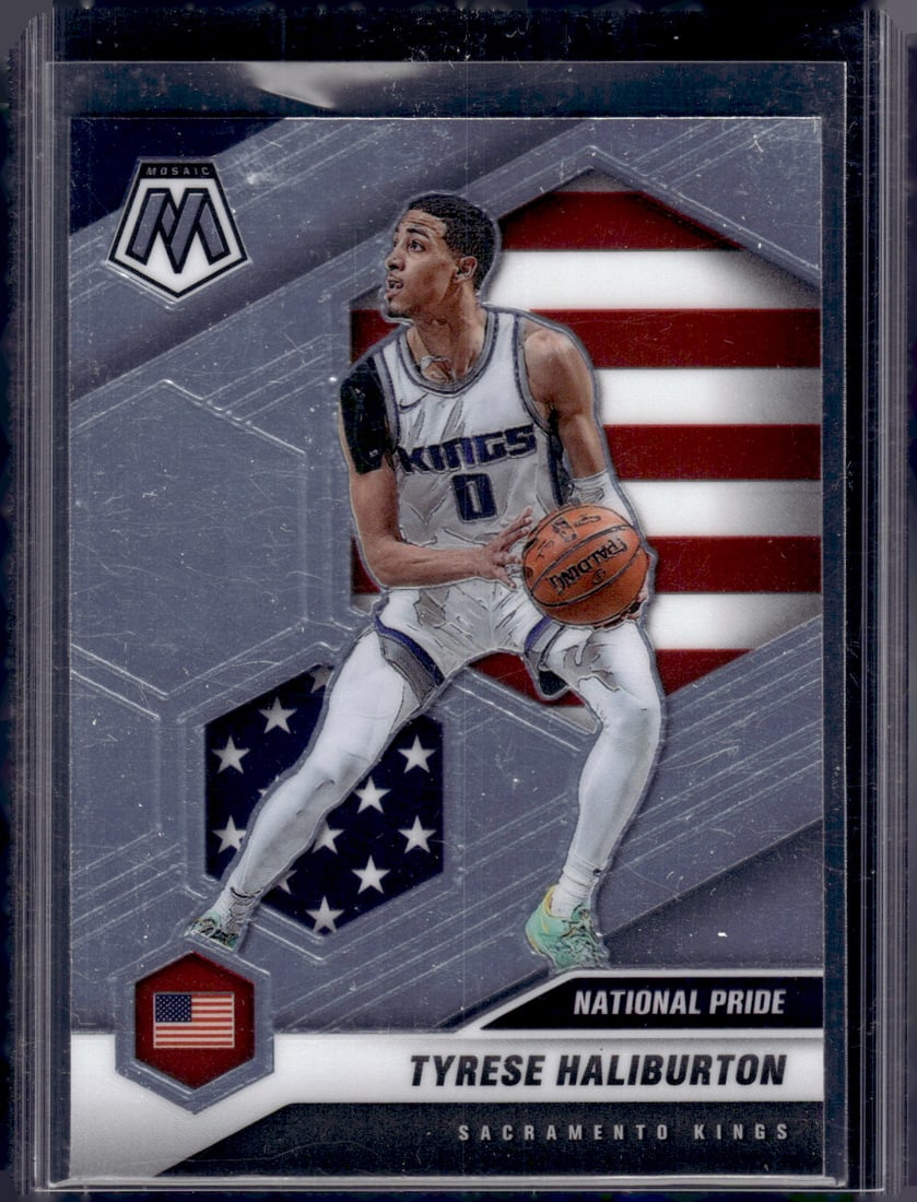 Tyrese Haliburton Rookie Card National Pride 2020-21 Mosaic #258 Pacers: Panini Select, Prizm, Mosaic, Contenders, Revolution, Phoenix, NBA Hoops, Rookie NFL Sports Trading Cards, Silver, SP, SSP, Wave Prizms, Numbered Cards, Basketball sports Cards for Sale Near Me, NBA C