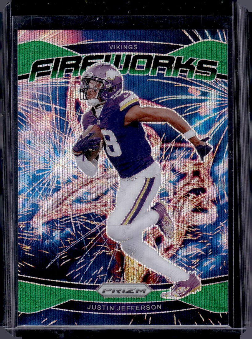 Justin Jefferson Fireworks Green Wave Prizm 2024 Panini Prizm #8 Minnesota Vikings: Panini Select, Prizm, Mosaic, Contenders, Zenith, Phoenix, Illusions, Absolute, Rookie NFL Sports Trading Cards, SP, SSP, Cards, Football Cards for Sale Near Me, Superbowl & Hall of Fame Player Cards,