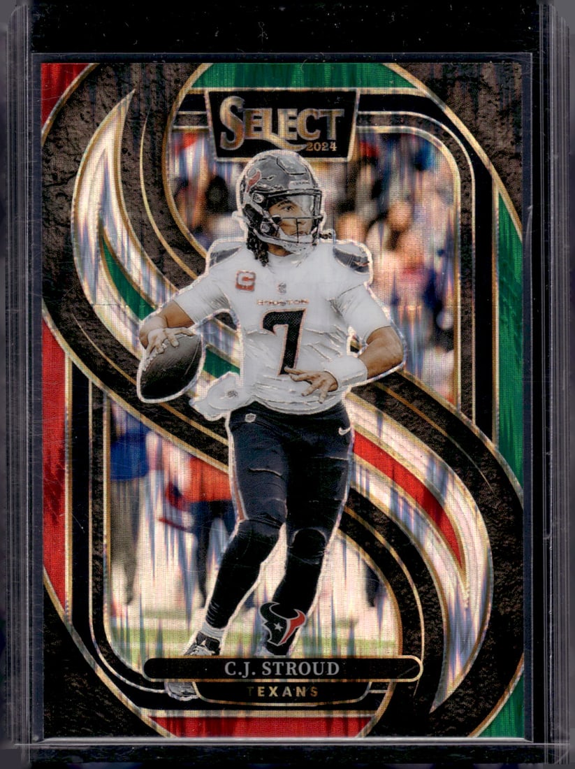 Cj Stroud Red/Green Shock Prizm 2024 Select #128 Houston Texans: Panini Select, Prizm, Mosaic, Contenders, Zenith, Phoenix, Illusions, Absolute, Rookie NFL Sports Trading Cards, SP, SSP, Cards, Football Cards for Sale Near Me, Superbowl & Hall of Fame Player Cards,